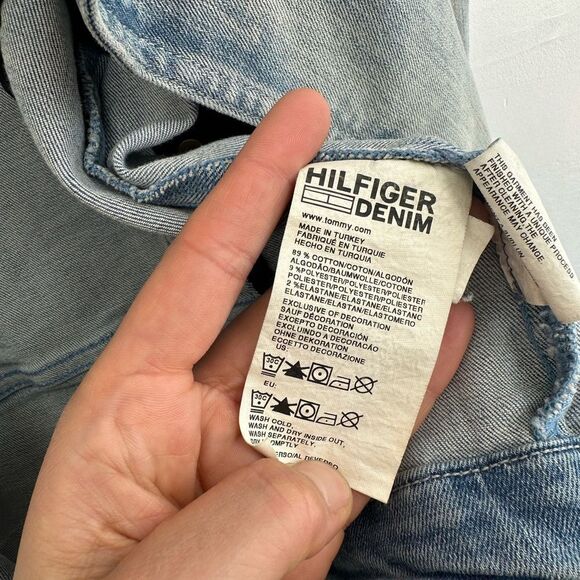 Y2K Light Wash Denim Biker Jacket Tommy Hilfiger Zip Front Silver Hardware S - Picture 11 of 15